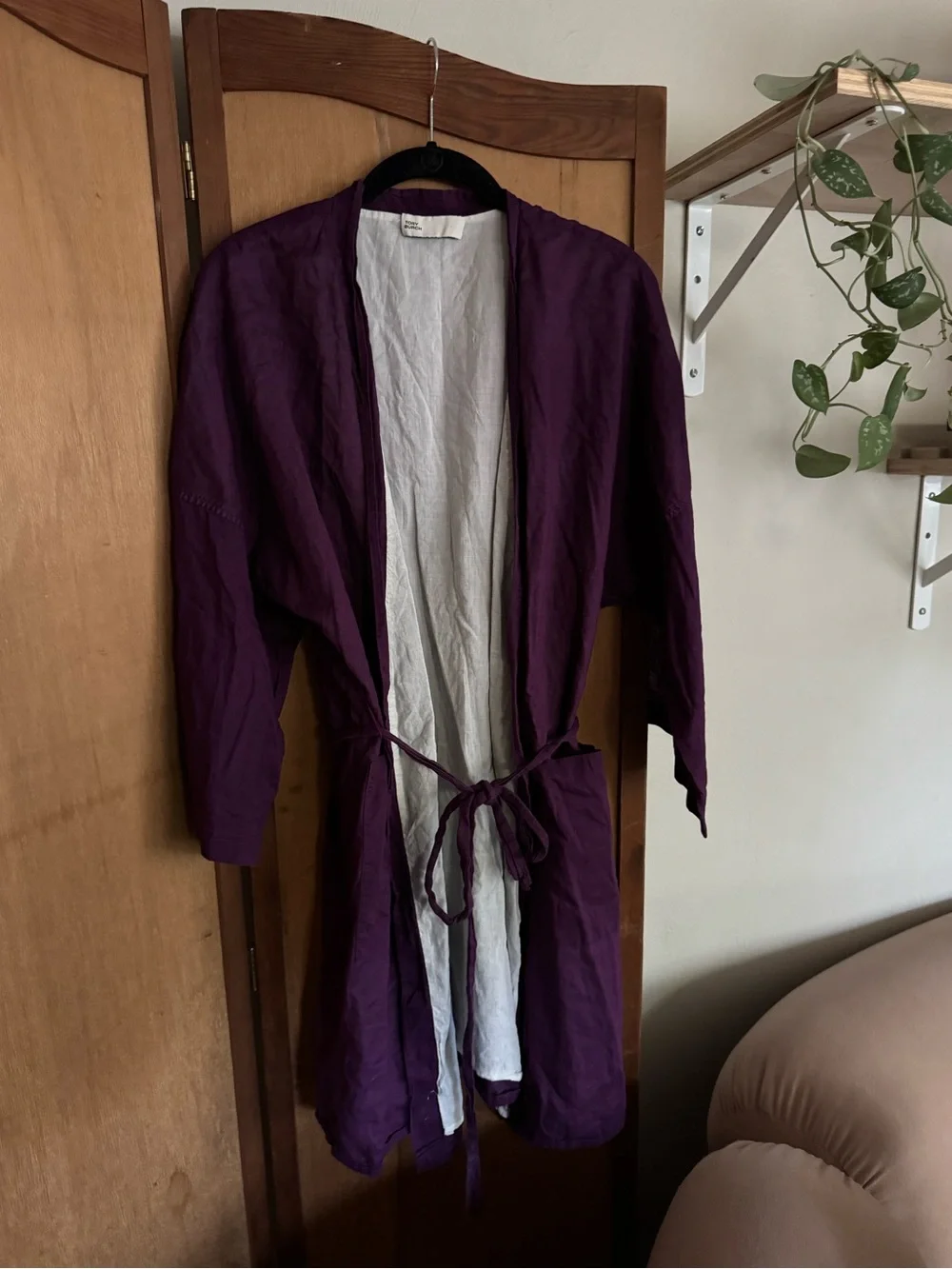 Tory Burch Purple Linen Tie-Waist Robe with White Lining